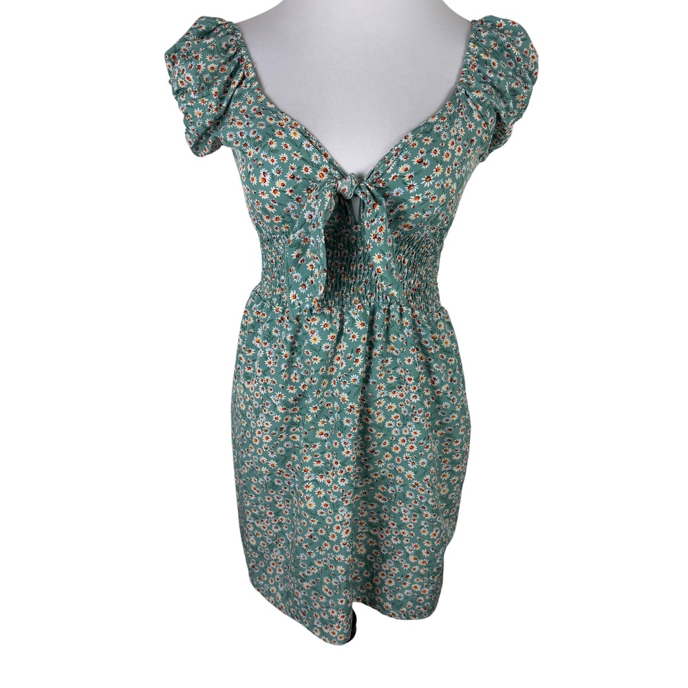 SHEIN Green Daisy Floral Tie Front Smocked Mini Dress Women's XS Cottagecore